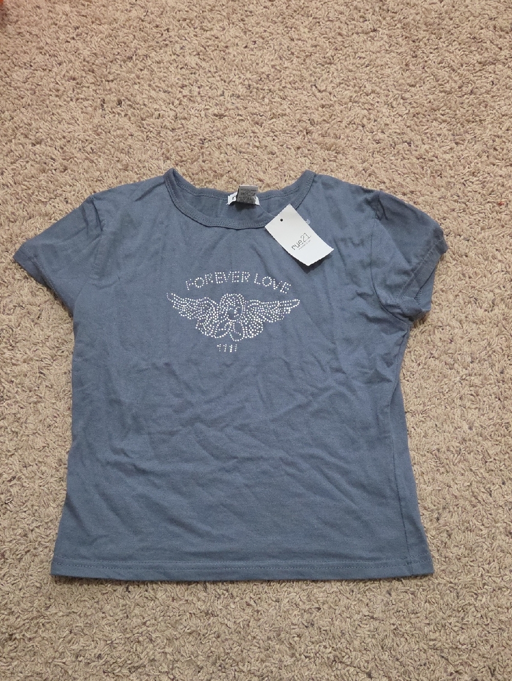 Forever 21 Blue Rhinestone 'Forever Love' Short Sleeve Tee
